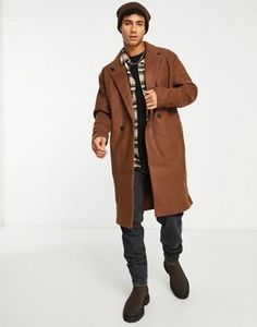 Only & Sons – Zweireihiger Mantel aus Wollimitat in Braun für 37,5€ in ASOS
